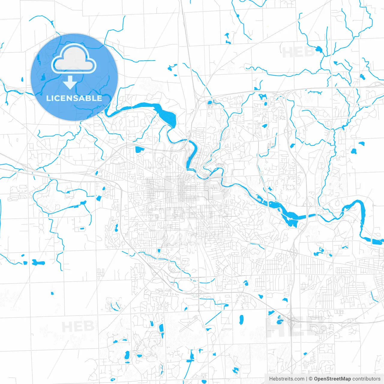 Ann Arbor, Michigan, United States, PDF vector map with water in focus