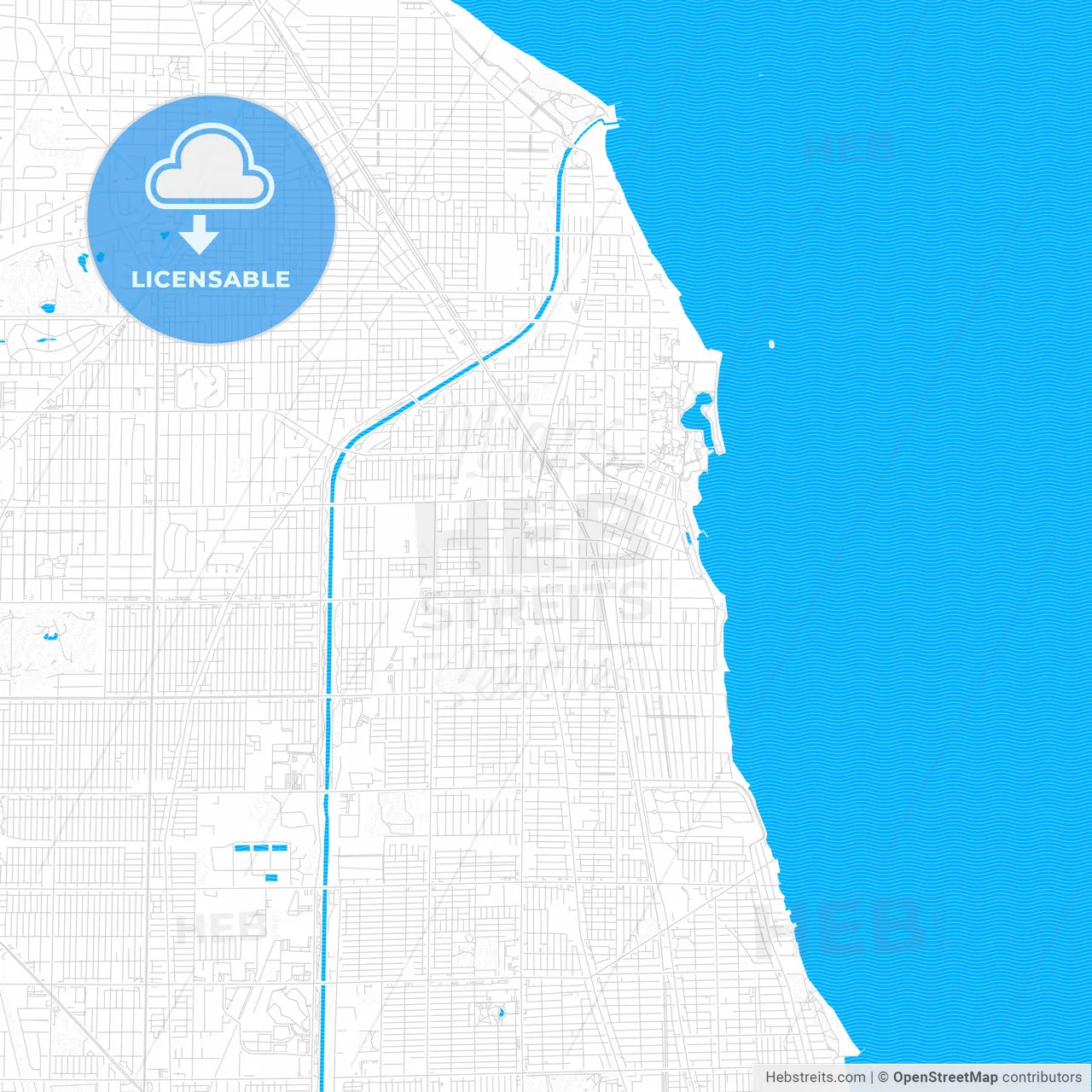 Evanston, Illinois, United States, PDF vector map with water in focus