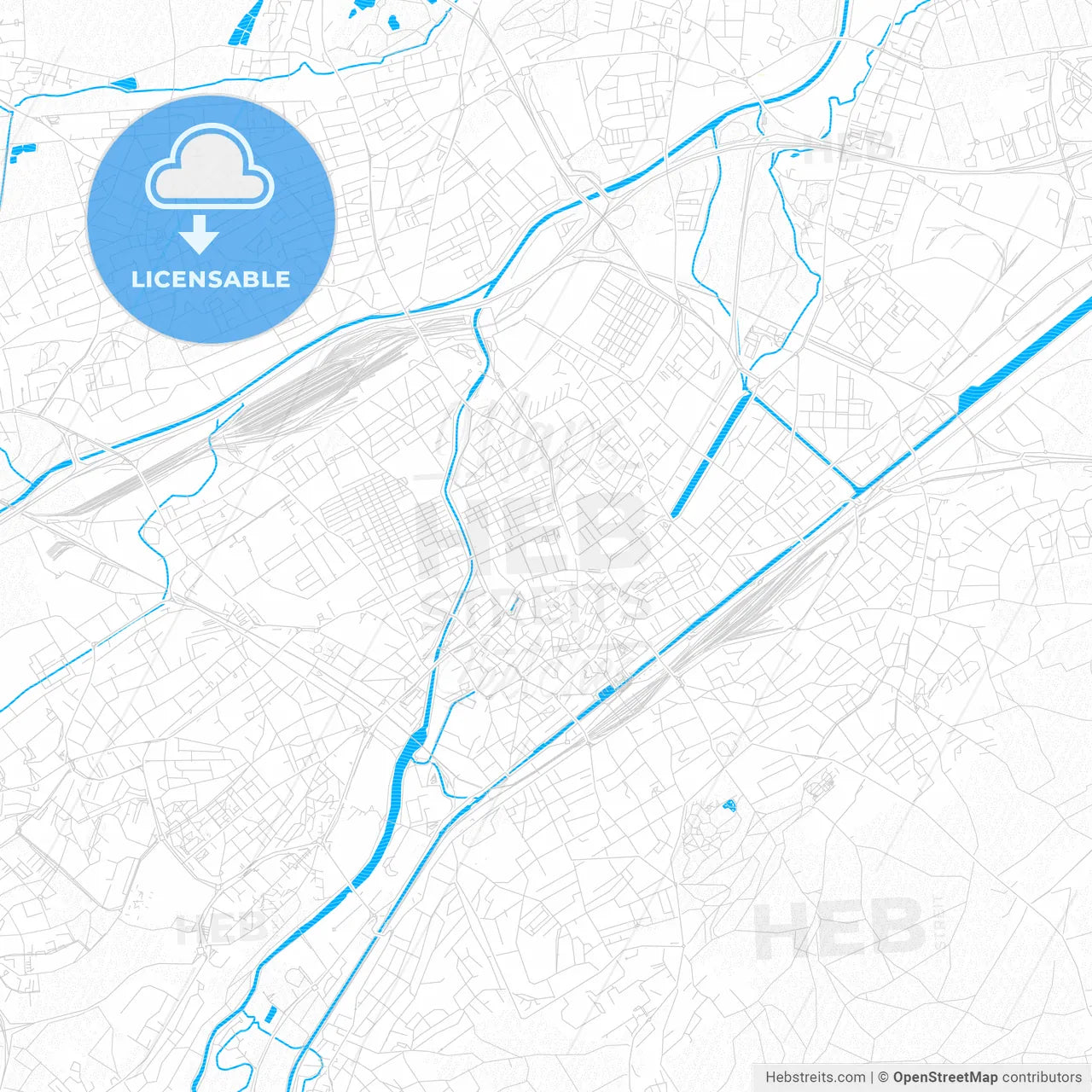 Mulhouse, France PDF vector map with water in focus