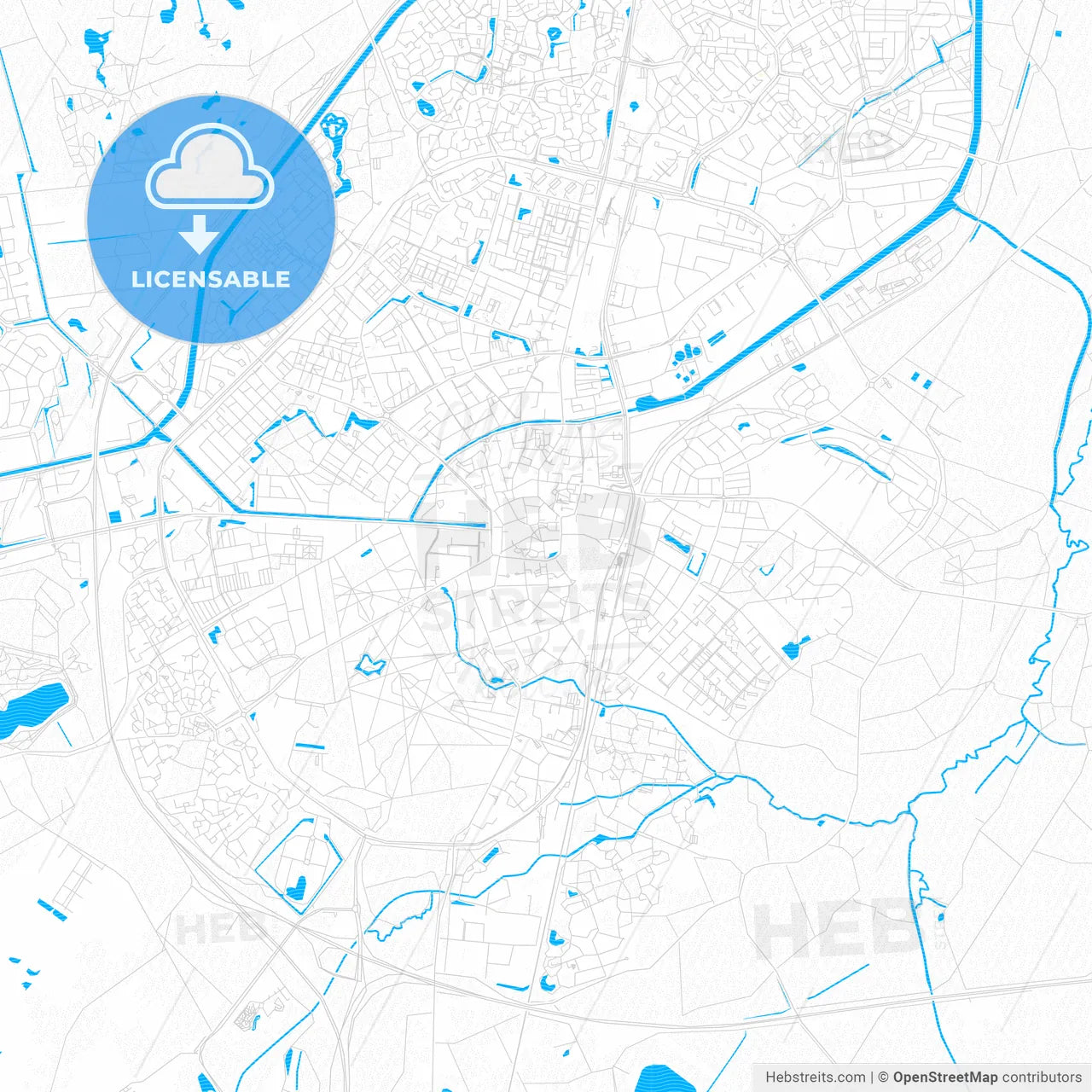 Assen, Netherlands PDF vector map with water in focus