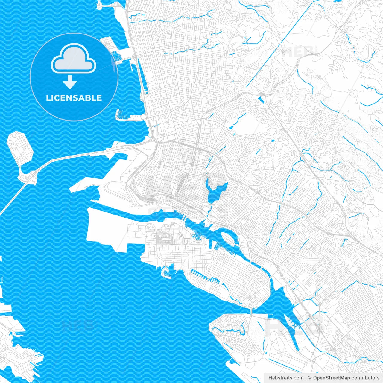 Oakland, California, United States, PDF vector map with water in focus