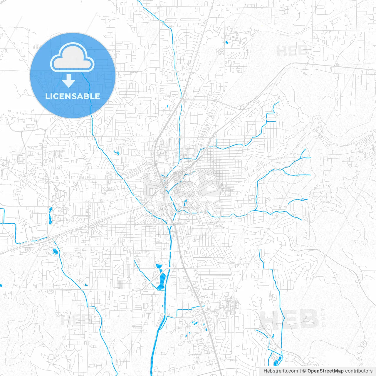 Huntsville, Alabama, United States, PDF vector map with water in focus