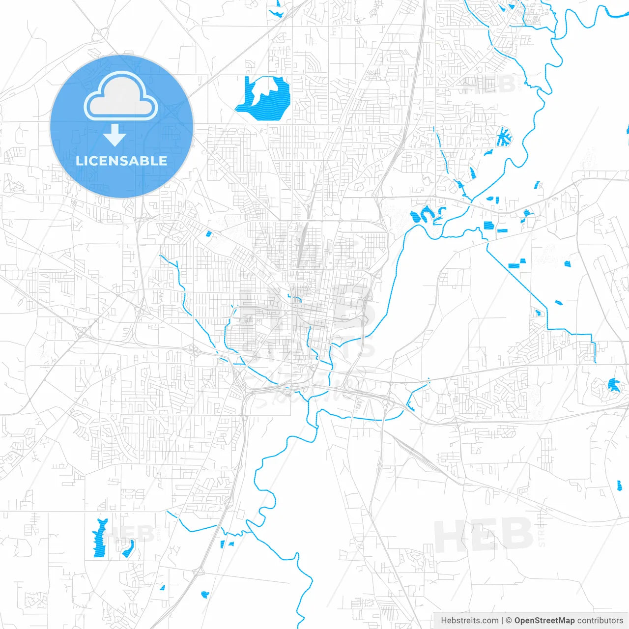 Jackson, Mississippi, United States, PDF vector map with water in focus