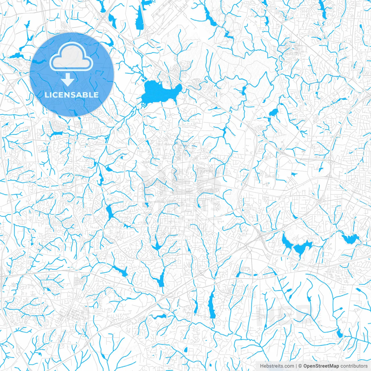 Cary, North Carolina, United States, PDF vector map with water in focus