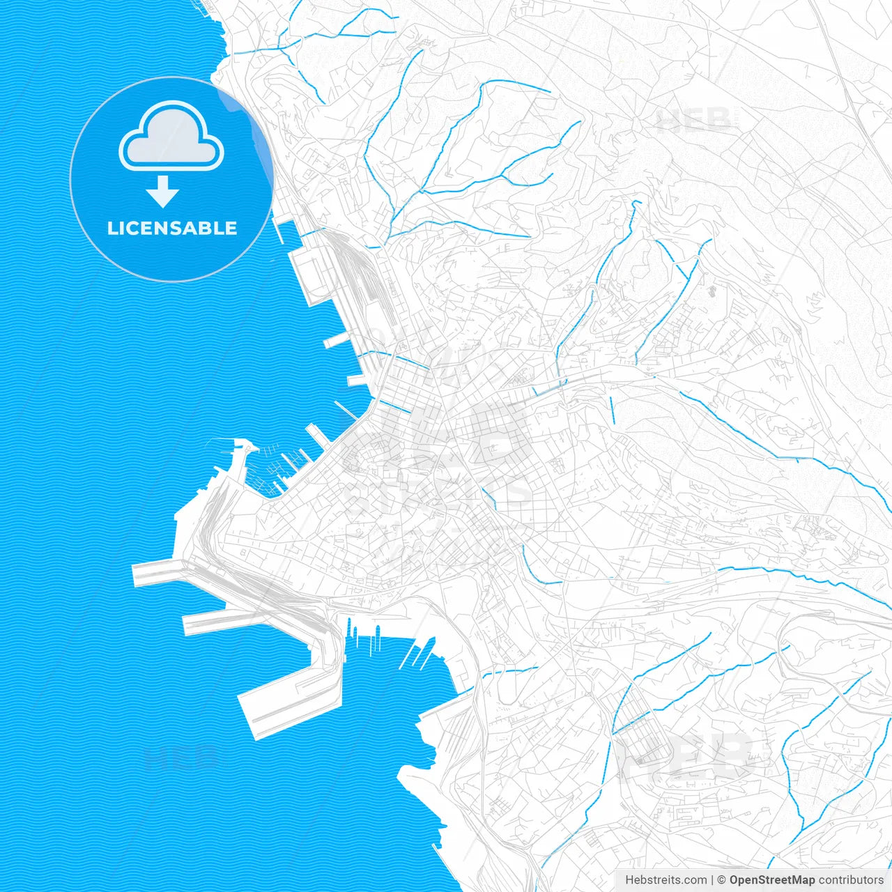Trieste, Italy PDF vector map with water in focus