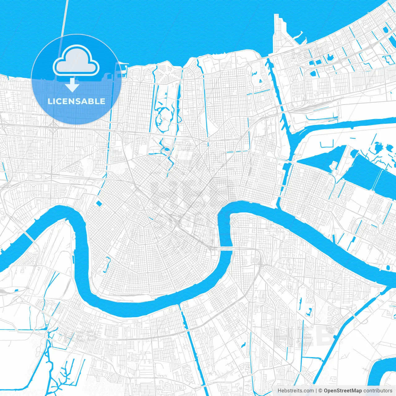 New Orleans, Louisiana, United States, PDF vector map with water in focus