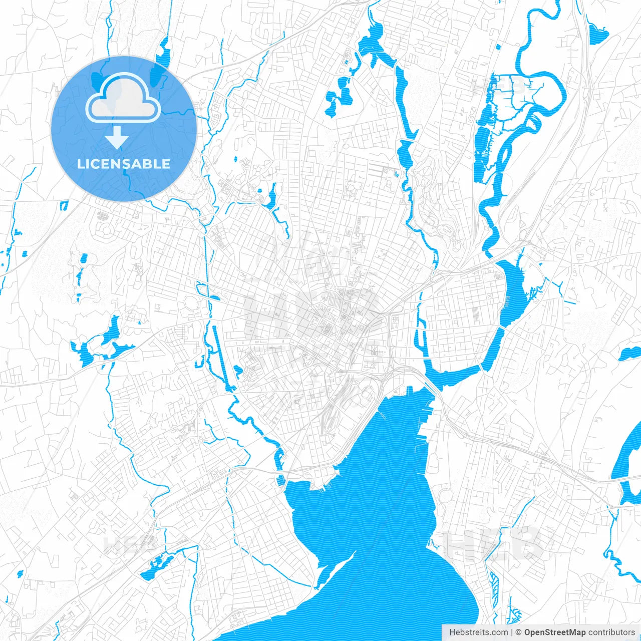 New Haven, Connecticut, United States, PDF vector map with water in focus