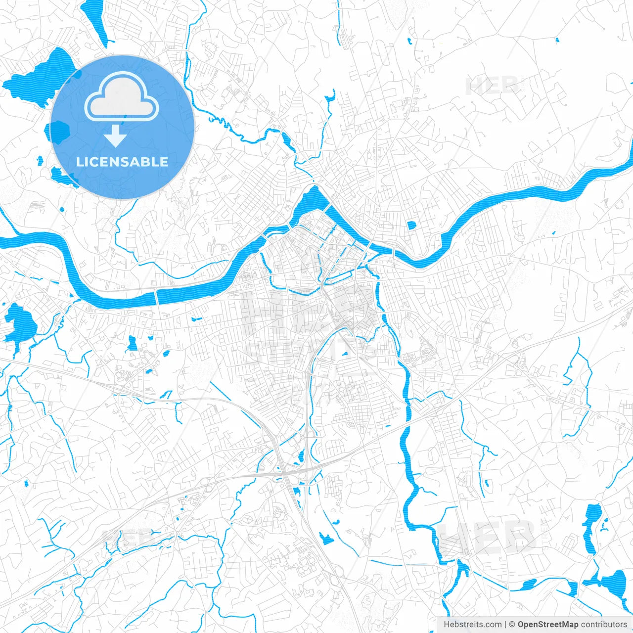 Lowell, Massachusetts, United States, PDF vector map with water in focus