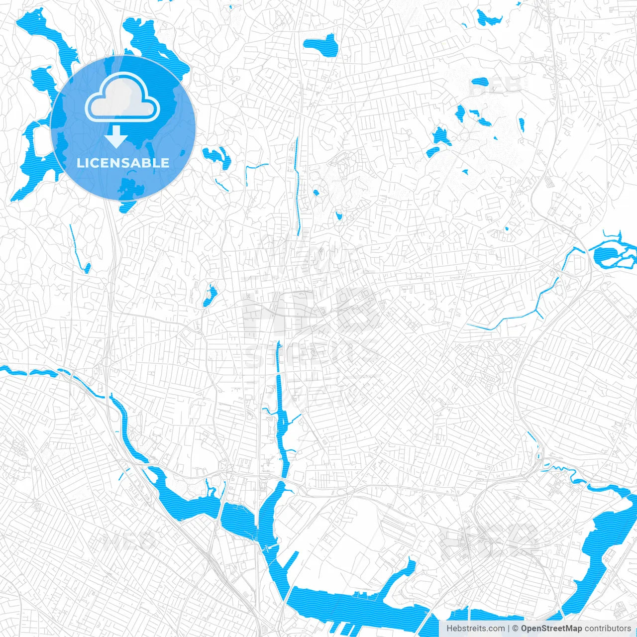 Malden, Massachusetts, United States, PDF vector map with water in focus