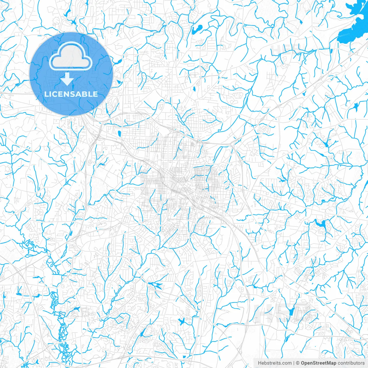 Durham, North Carolina, United States, PDF vector map with water in focus