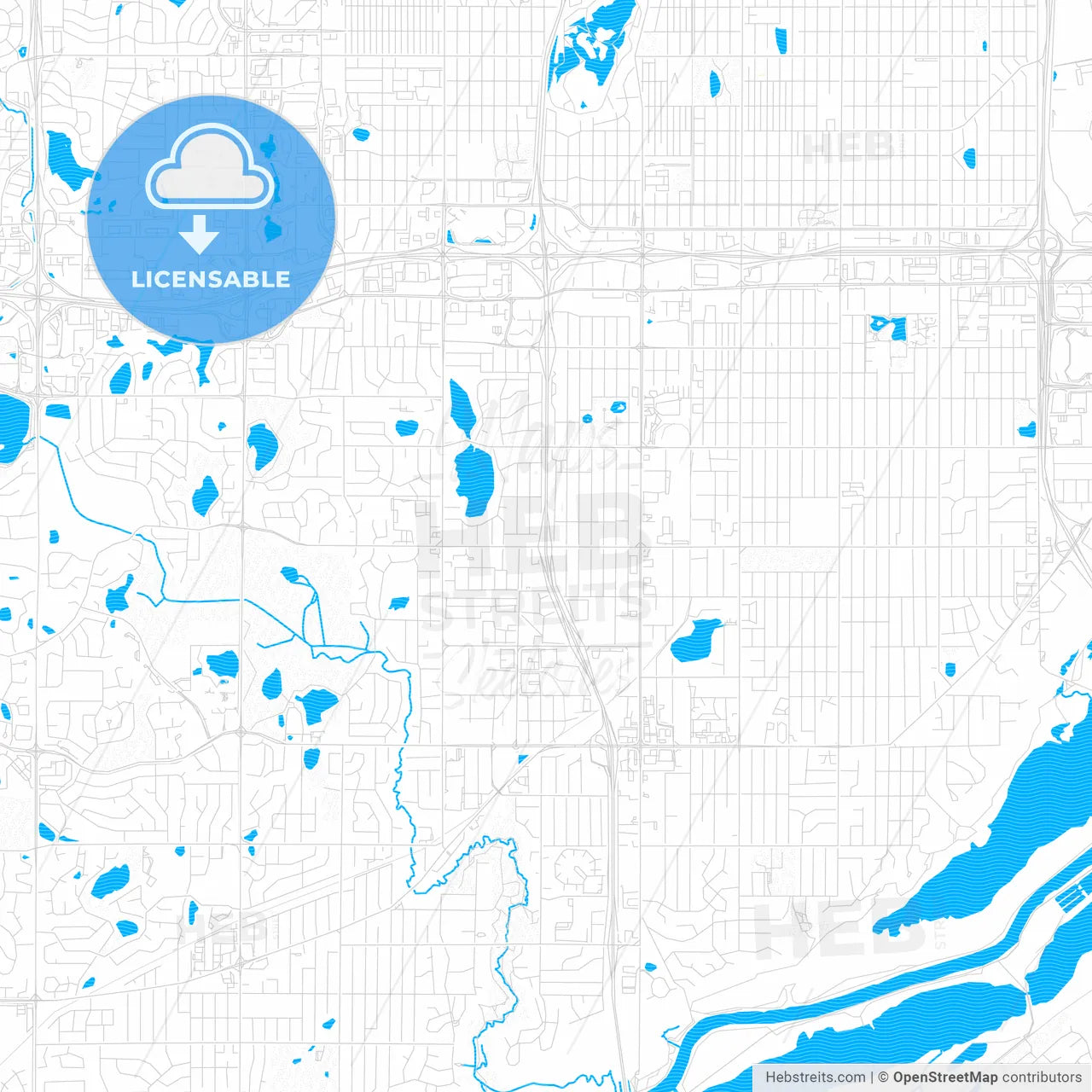 Bloomington, Minnesota, United States, PDF vector map with water in focus