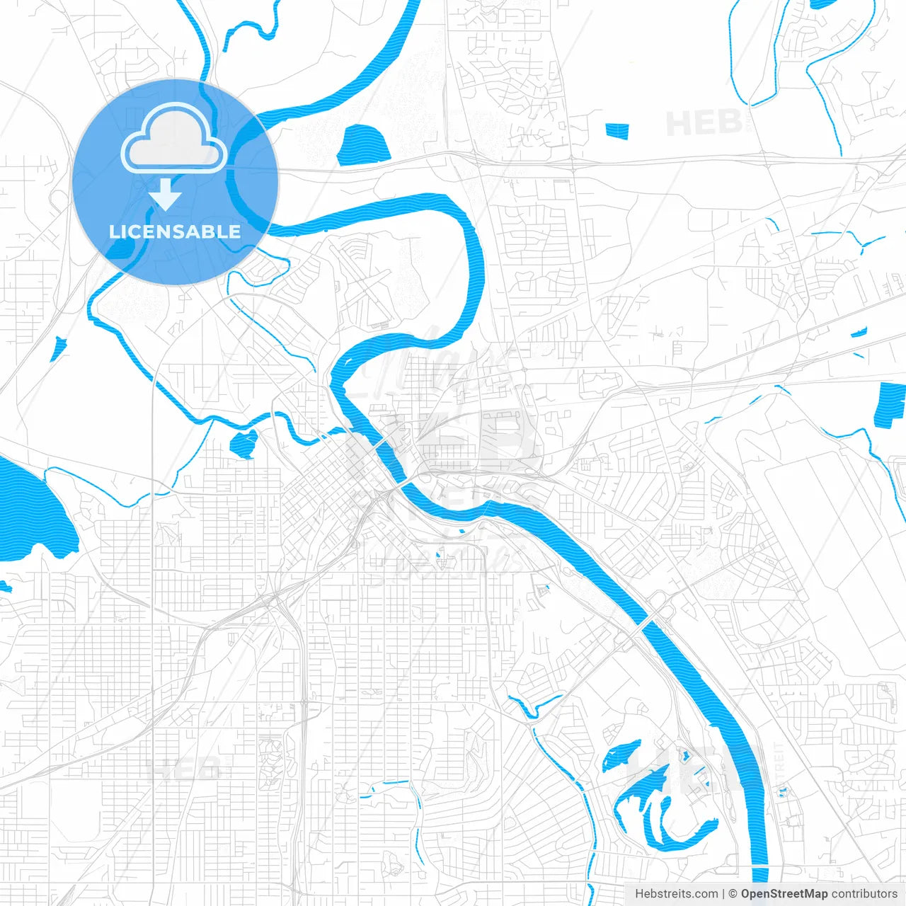 Bossier City, Louisiana, United States, PDF vector map with water in focus