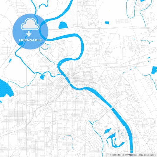 Bossier City, Louisiana, United States, PDF vector map with water in focus