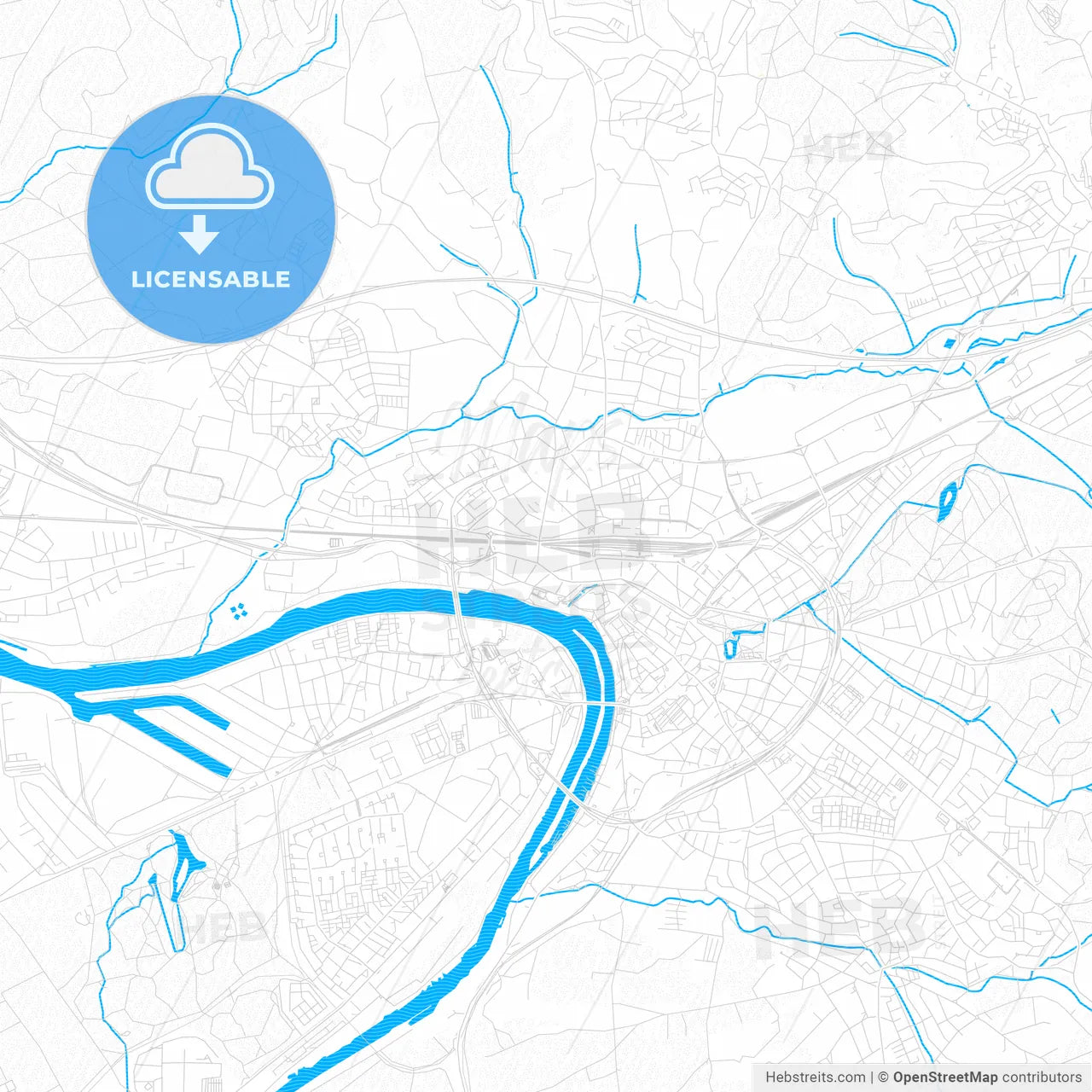 Aschaffenburg, Germany PDF vector map with water in focus