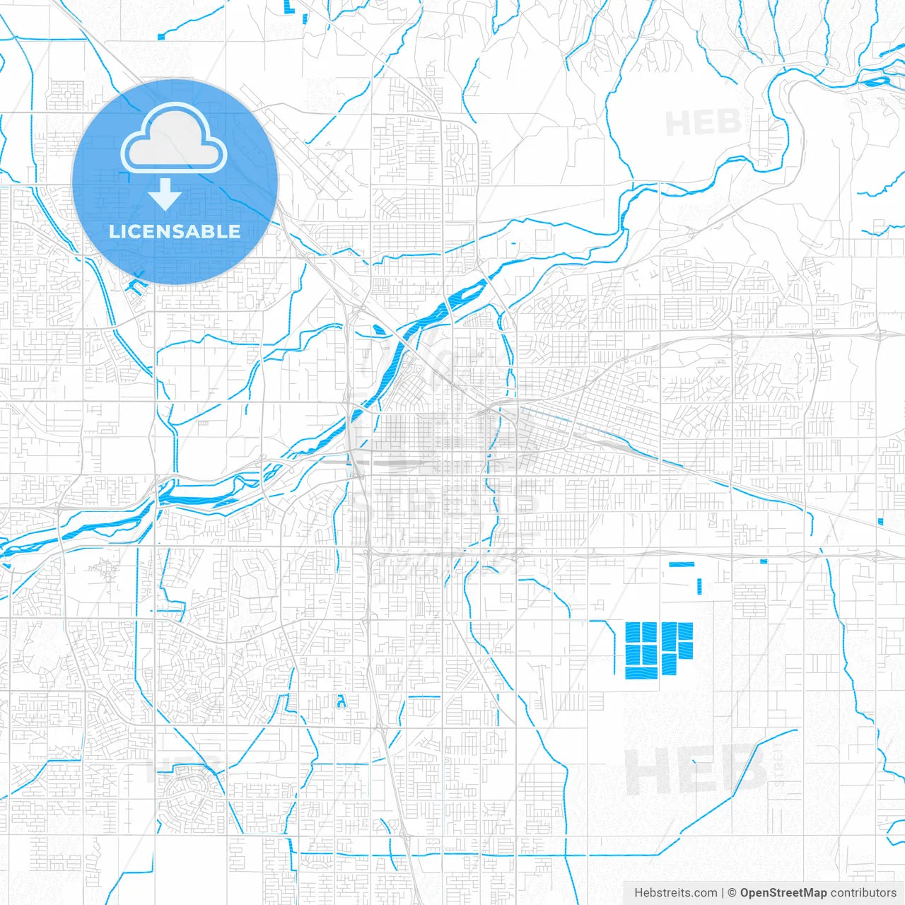 Bakersfield, California, United States, PDF vector map with water in focus