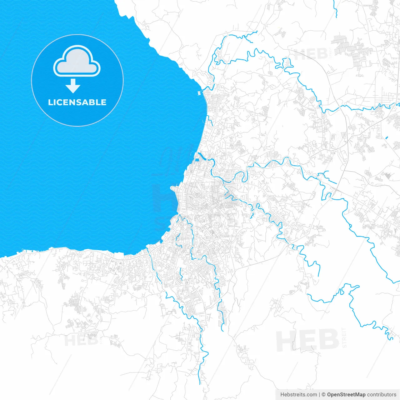Manado, Indonesia PDF vector map with water in focus