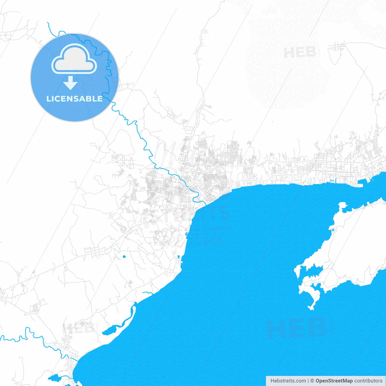 Bitung, Indonesia PDF vector map with water in focus