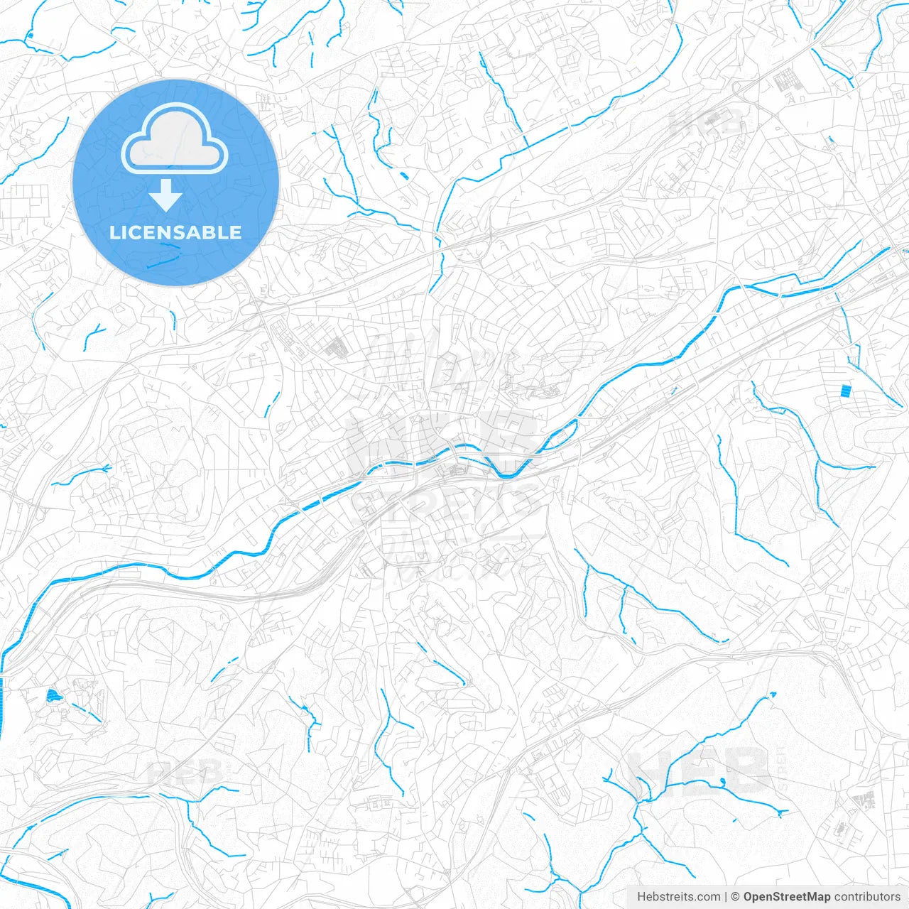 Wuppertal, Germany PDF vector map with water in focus