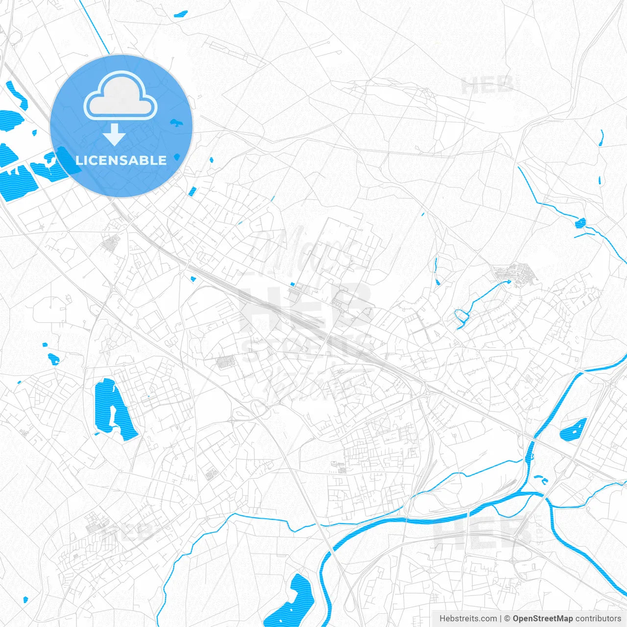 Troisdorf, Germany PDF vector map with water in focus