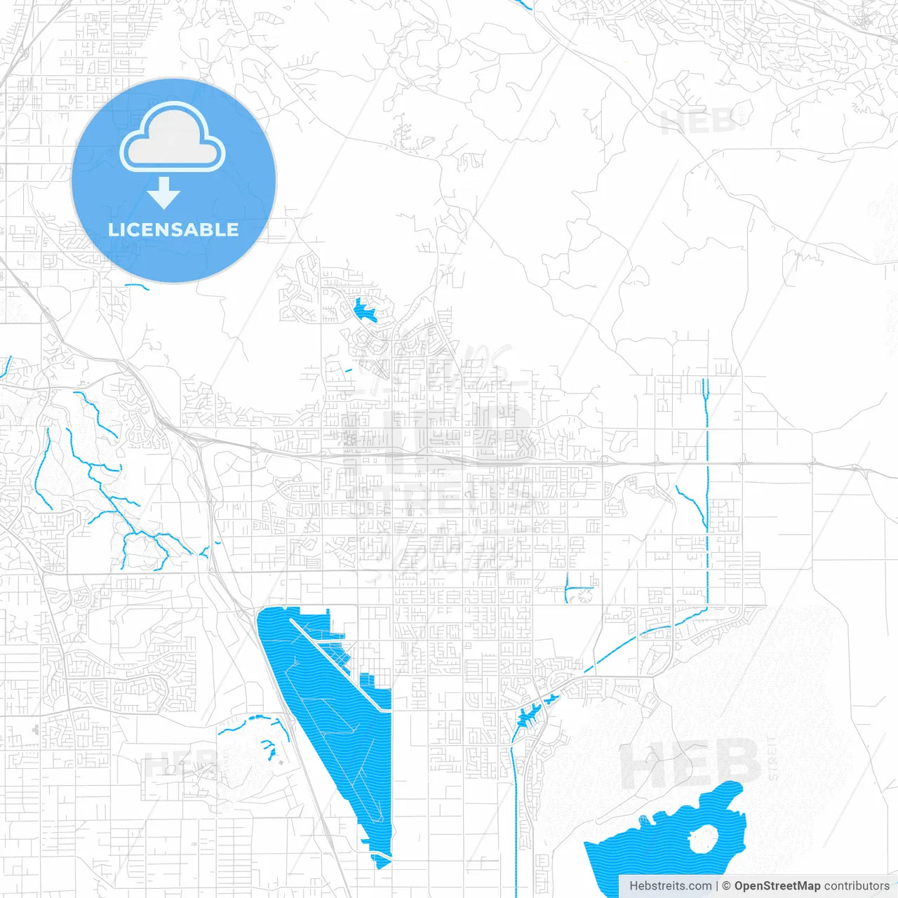 Moreno Valley, California, United States, PDF vector map with water in focus