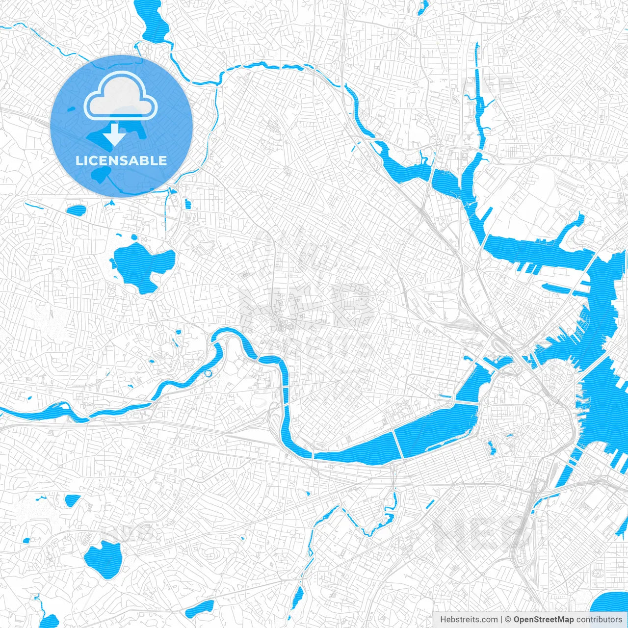 Cambridge, Massachusetts, United States, PDF vector map with water in focus