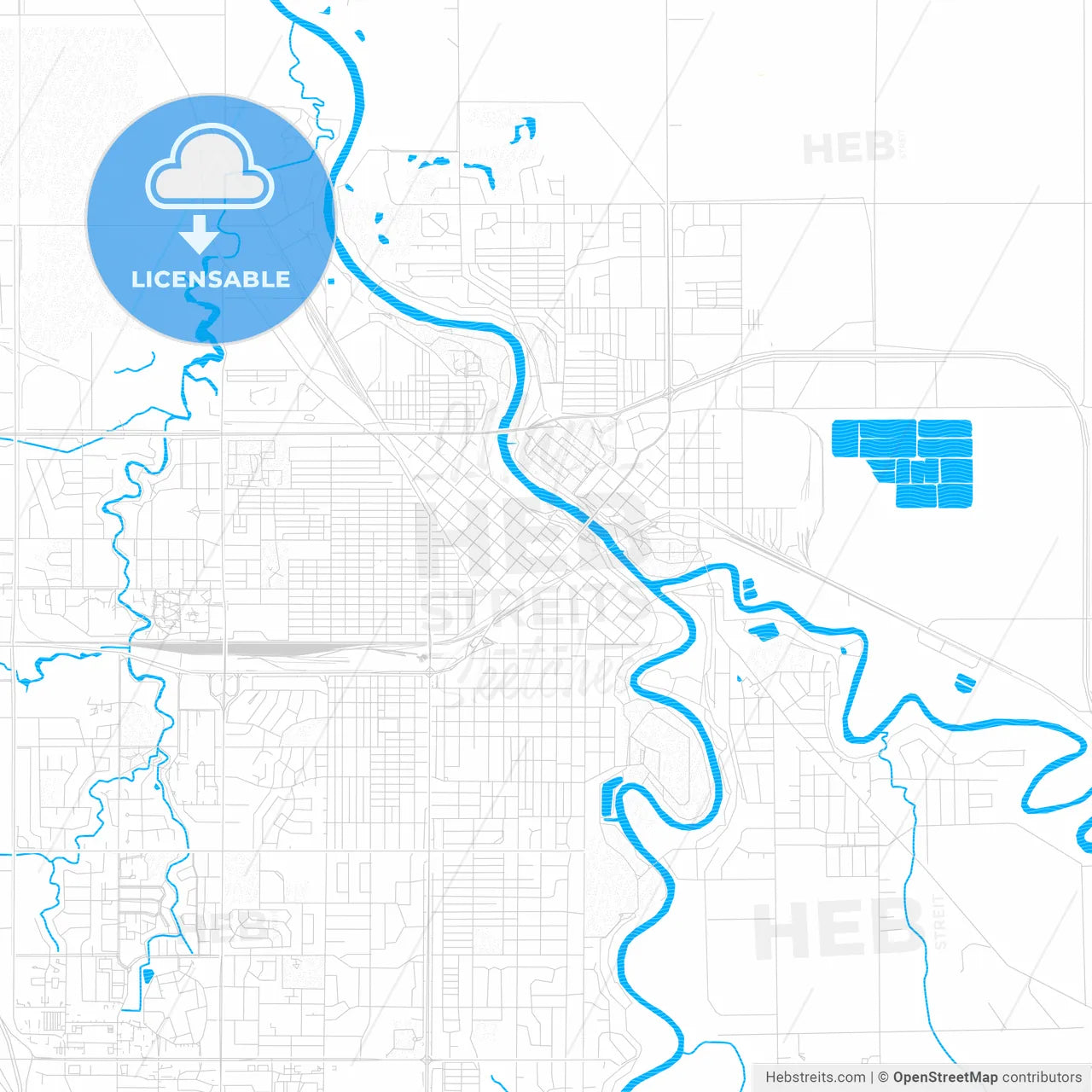 Grand Forks, North Dakota, United States, PDF vector map with water in focus