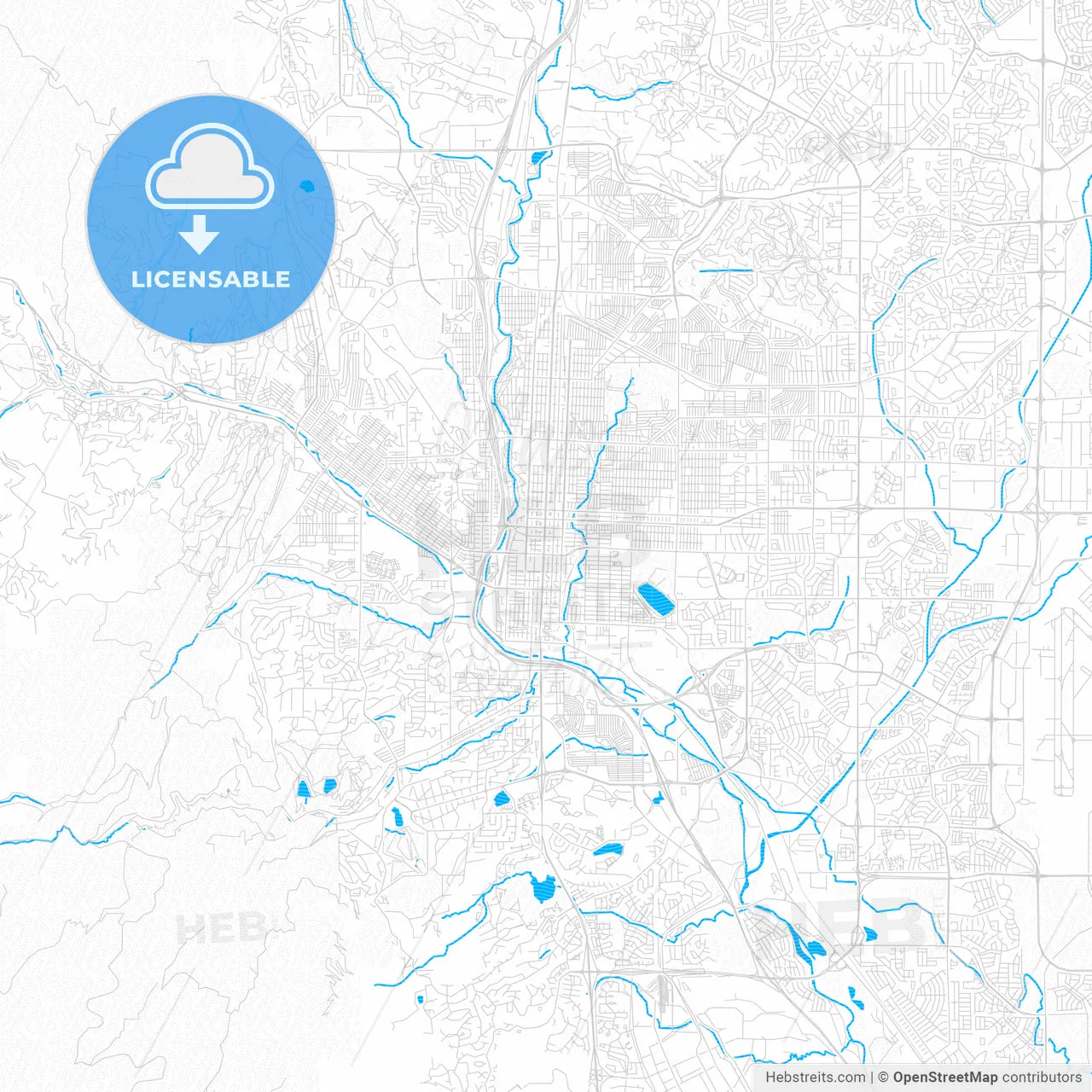 Colorado Springs, Colorado, United States, PDF vector map with water in focus