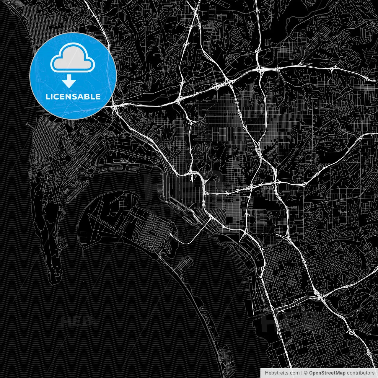 Black downtown map of San Diego, California