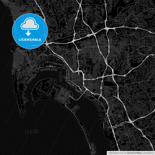 Black downtown map of San Diego, California