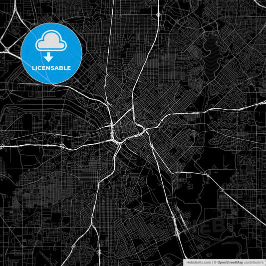 Black downtown map of Dallas, Texas
