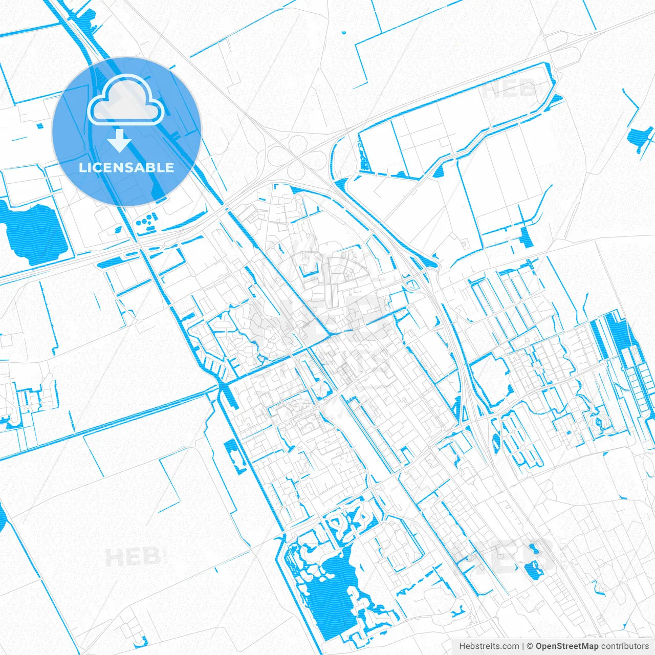 Heerenveen, Netherlands PDF vector map with water in focus