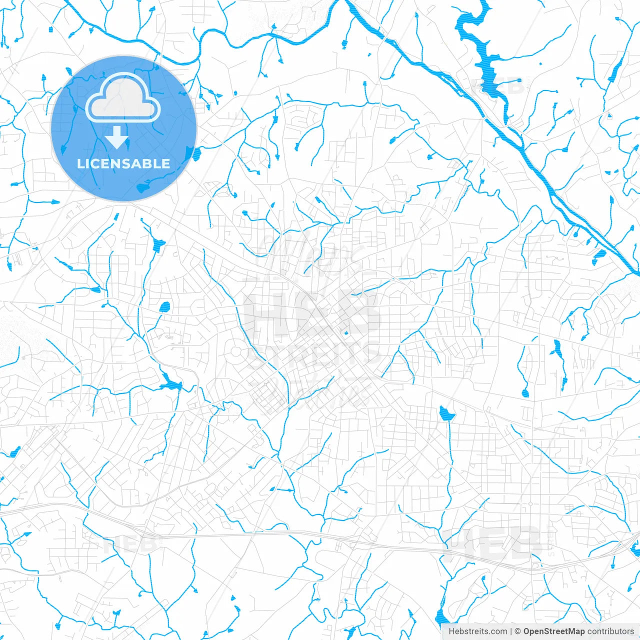 Burlington, North Carolina, United States, PDF vector map with water in focus