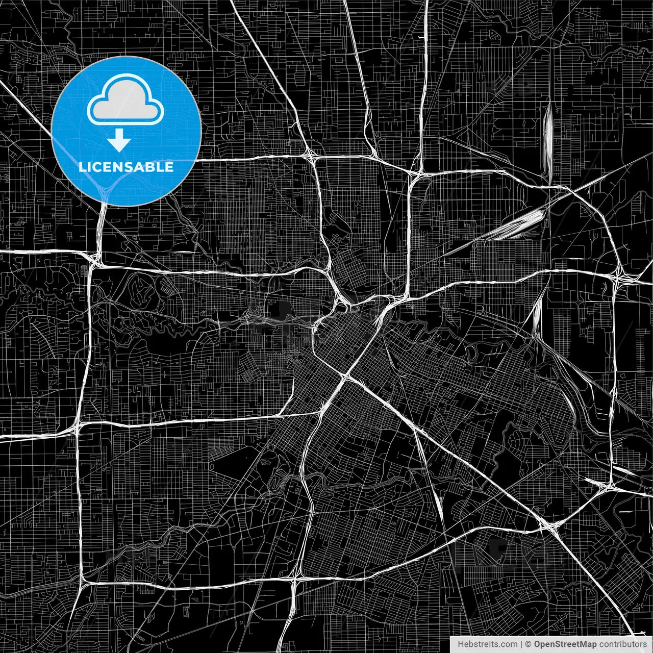 Black downtown map of Houston, Texas