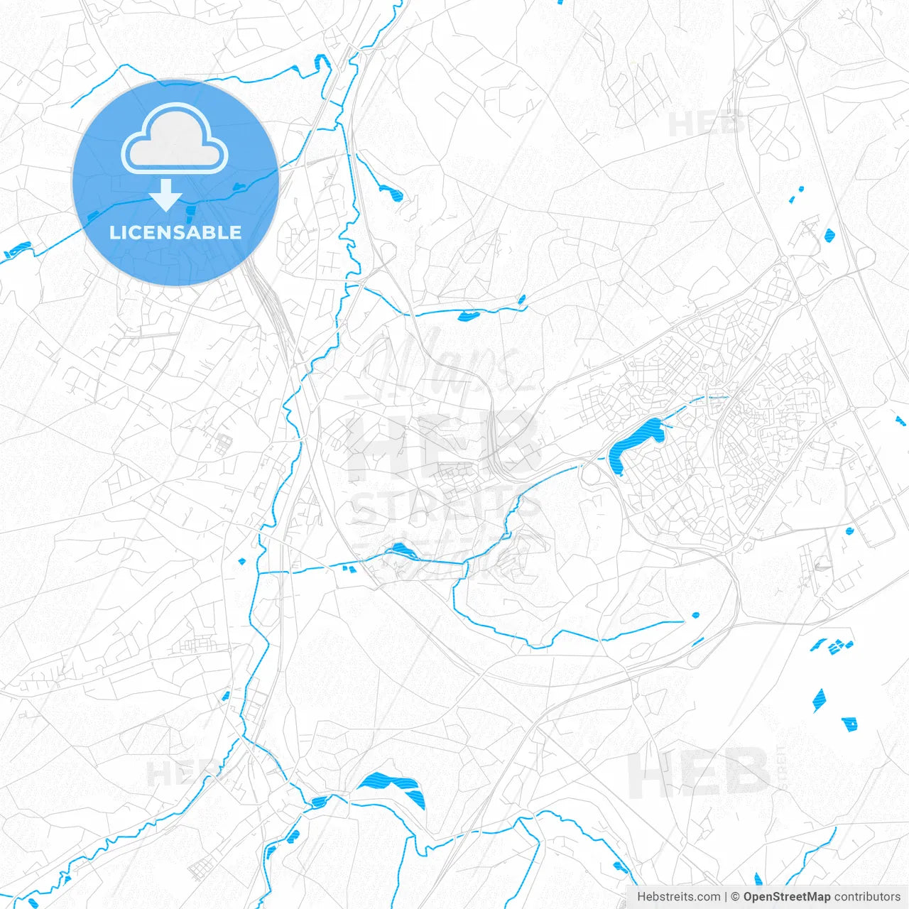 Ottignies-Louvain-la-Neuve, Belgium PDF vector map with water in focus