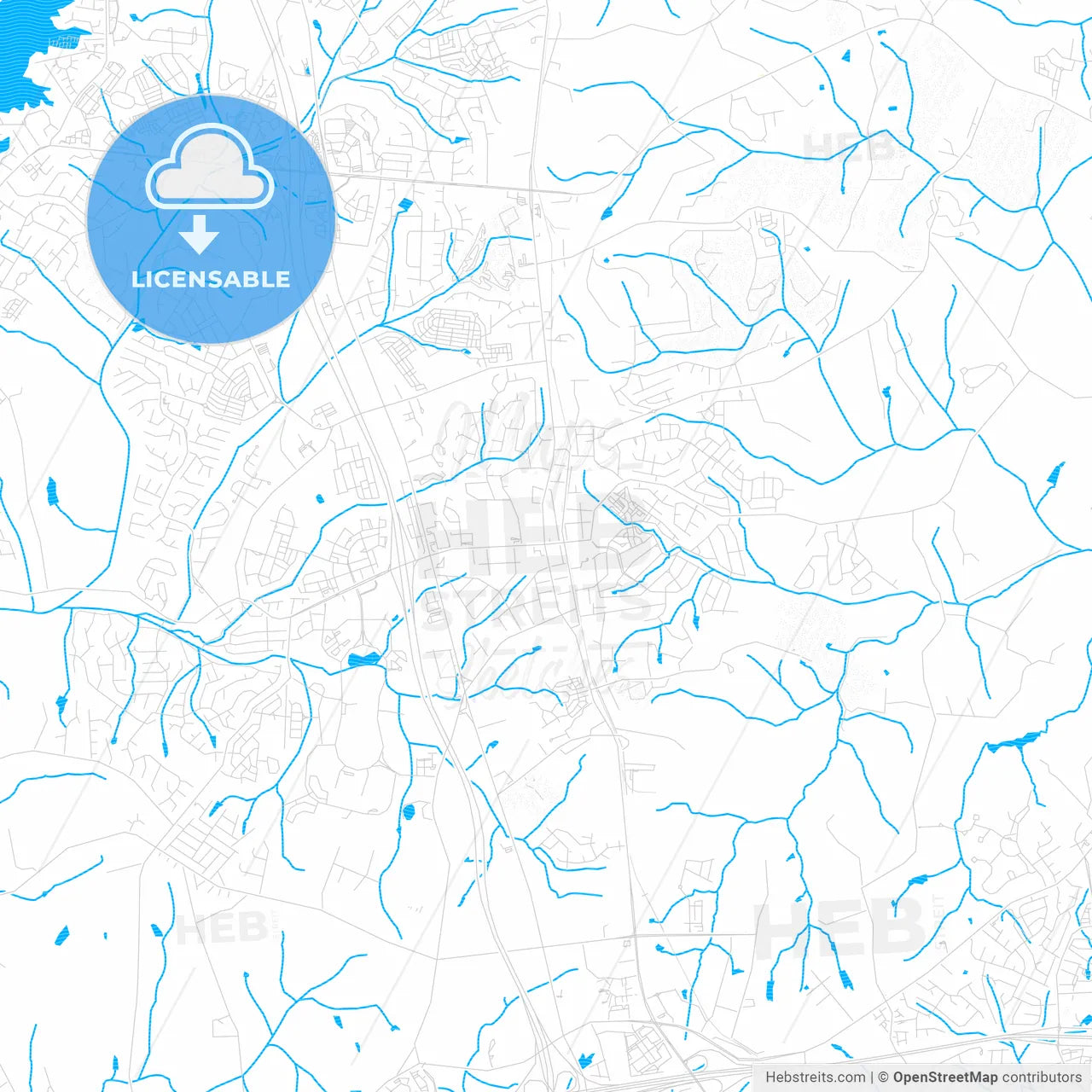 Huntersville, North Carolina, United States, PDF vector map with water in focus