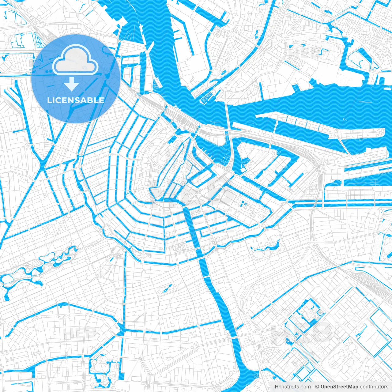 Amsterdam, Netherlands PDF vector map with water in focus