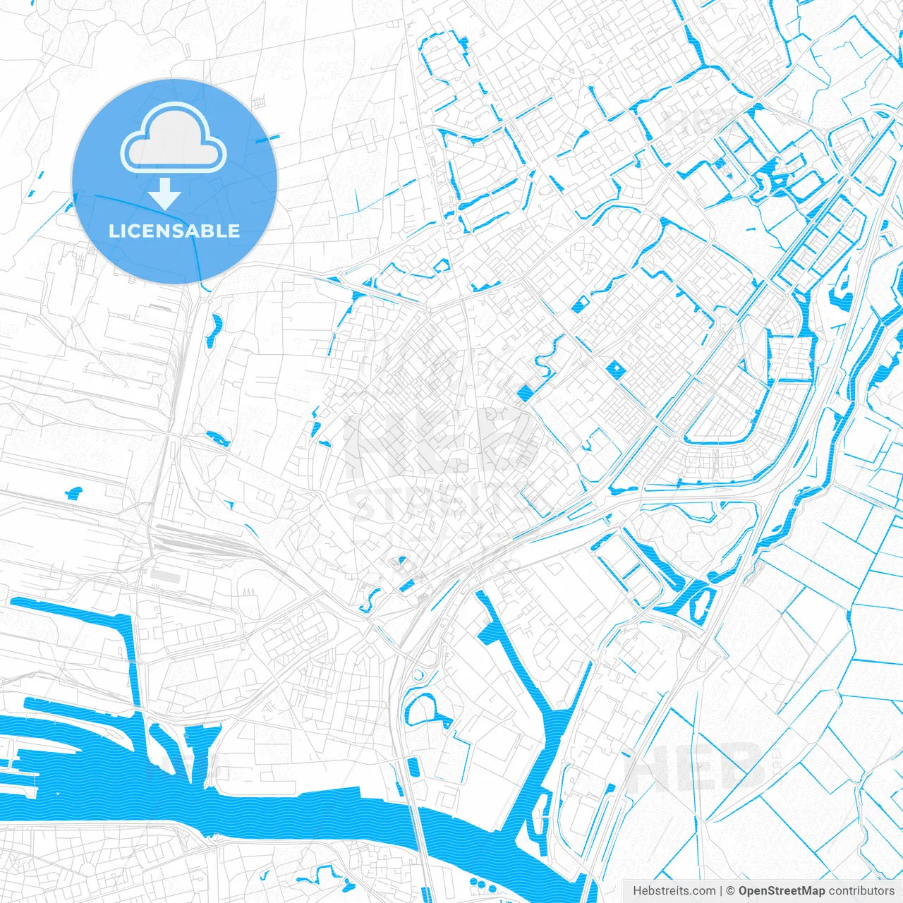 Beverwijk, Netherlands PDF vector map with water in focus