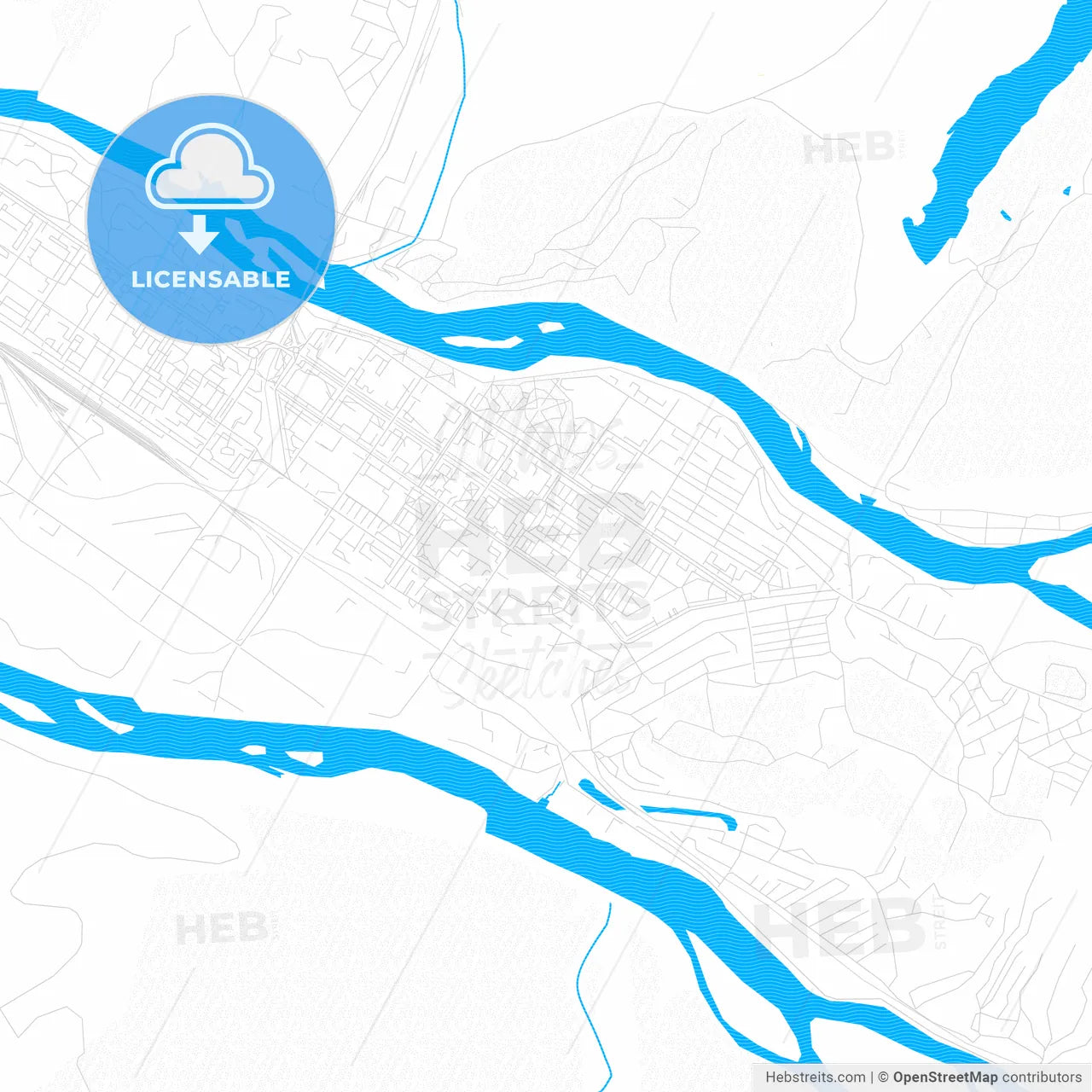 Mezhdurechensk, Russia PDF vector map with water in focus
