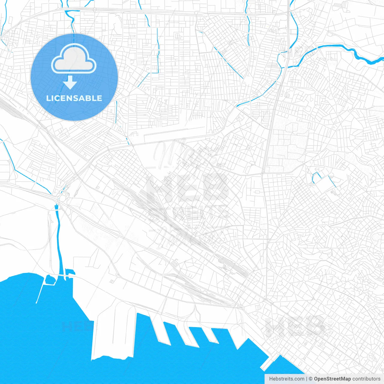 Ampelokipoi, Greece PDF vector map with water in focus