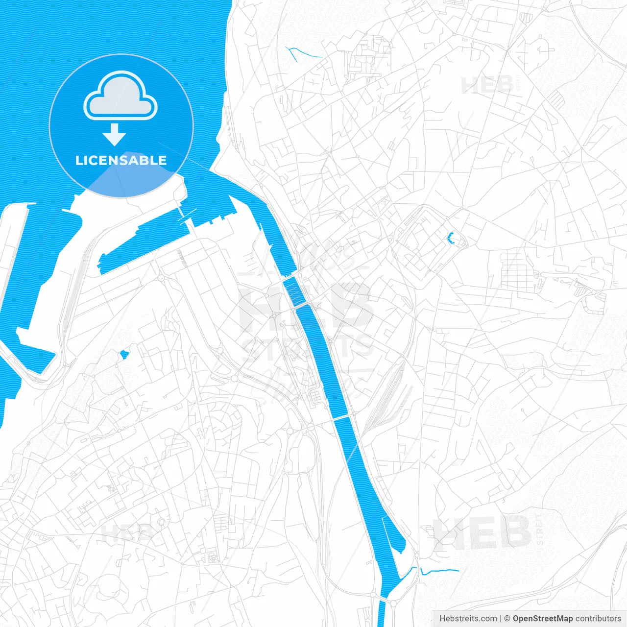 Boulogne-sur-Mer, France PDF vector map with water in focus