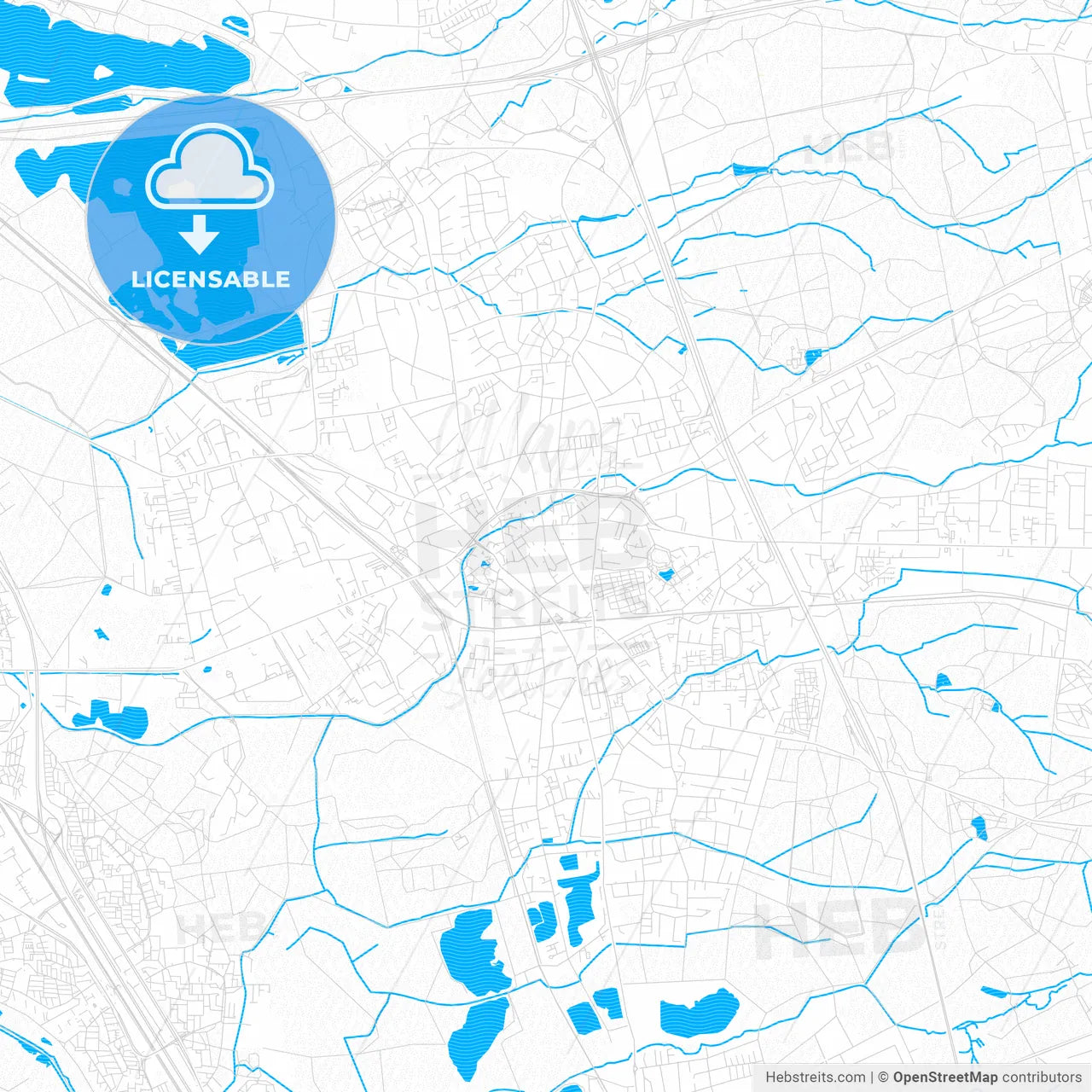 Hilden, Germany PDF vector map with water in focus