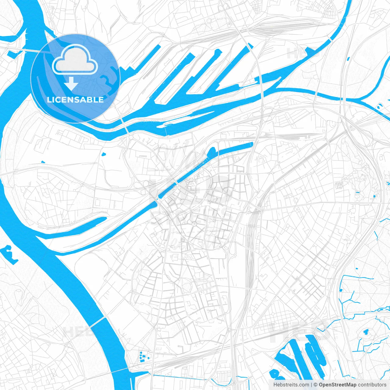 Duisburg, Germany PDF vector map with water in focus