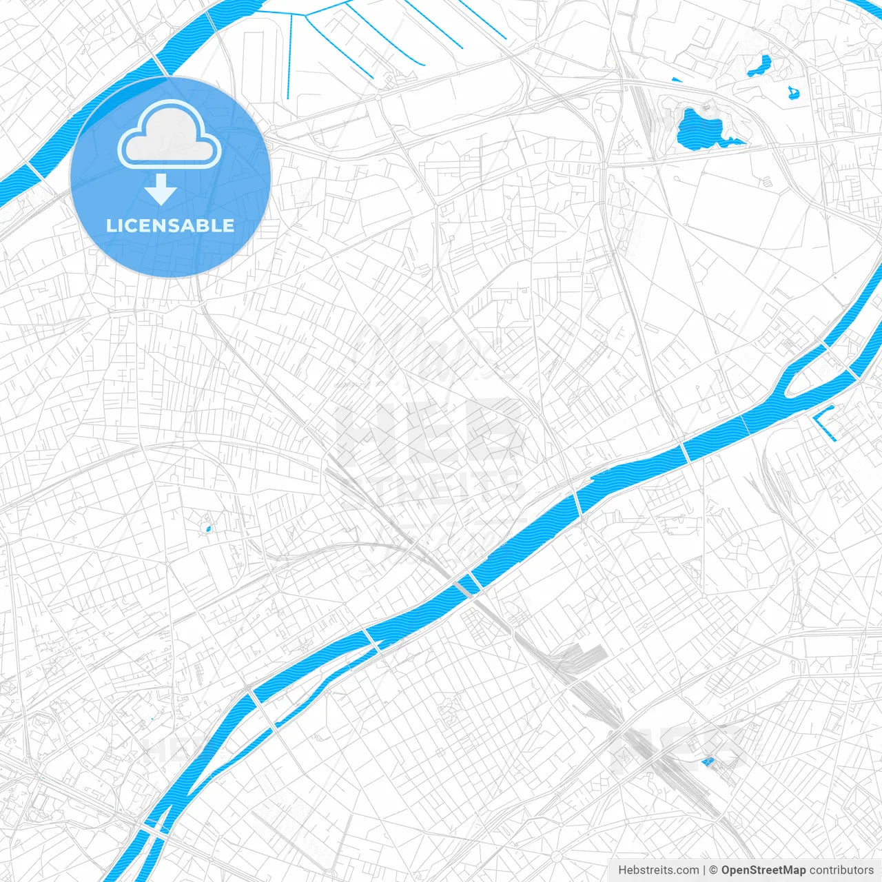 Asnières-sur-Seine, France PDF vector map with water in focus