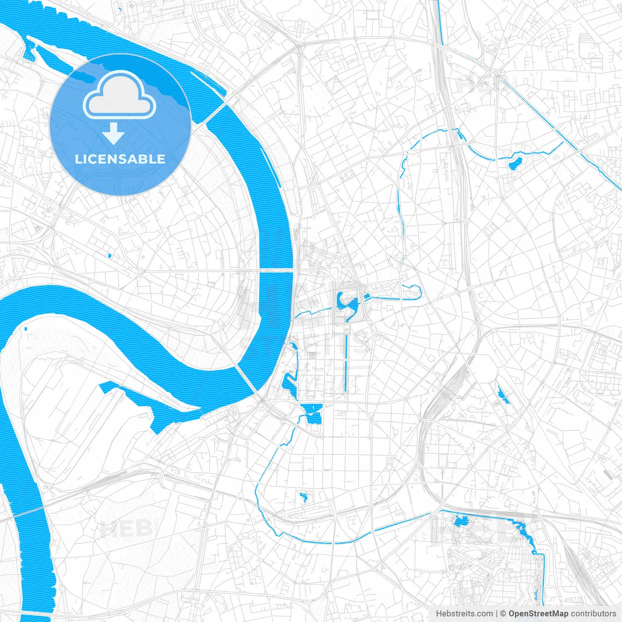 Düsseldorf, Germany PDF vector map with water in focus