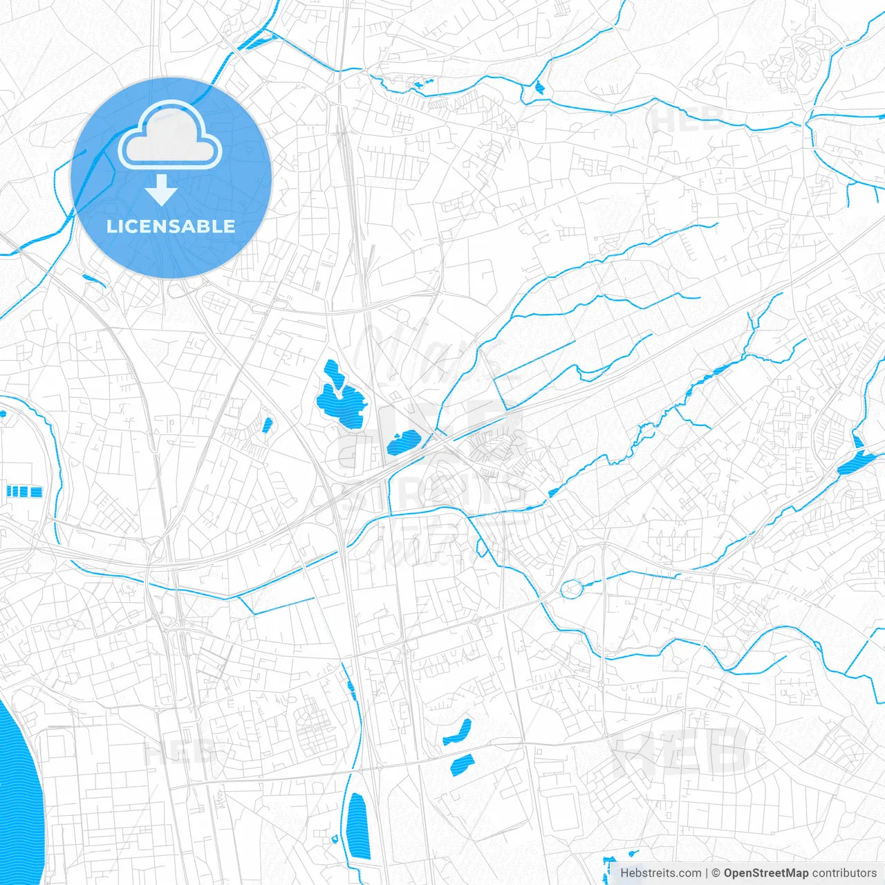 Leverkusen, Germany PDF vector map with water in focus