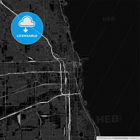 Black downtown map of Chicago, Illinois