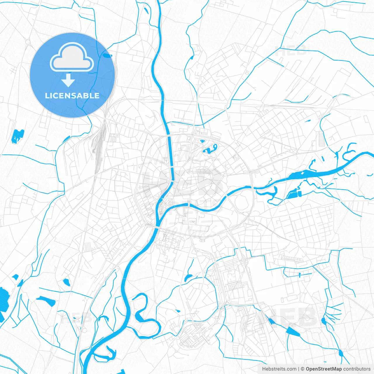 Hradec Králové, Czechia PDF vector map with water in focus