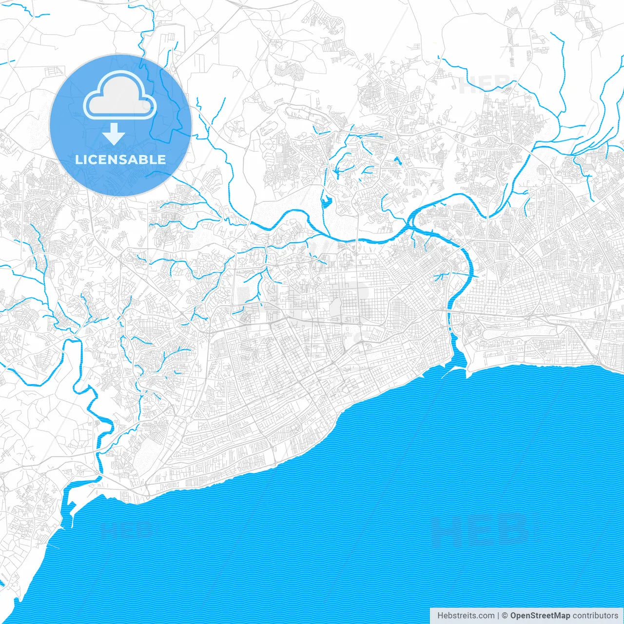 Santo Domingo, Dominican Republic PDF vector map with water in focus