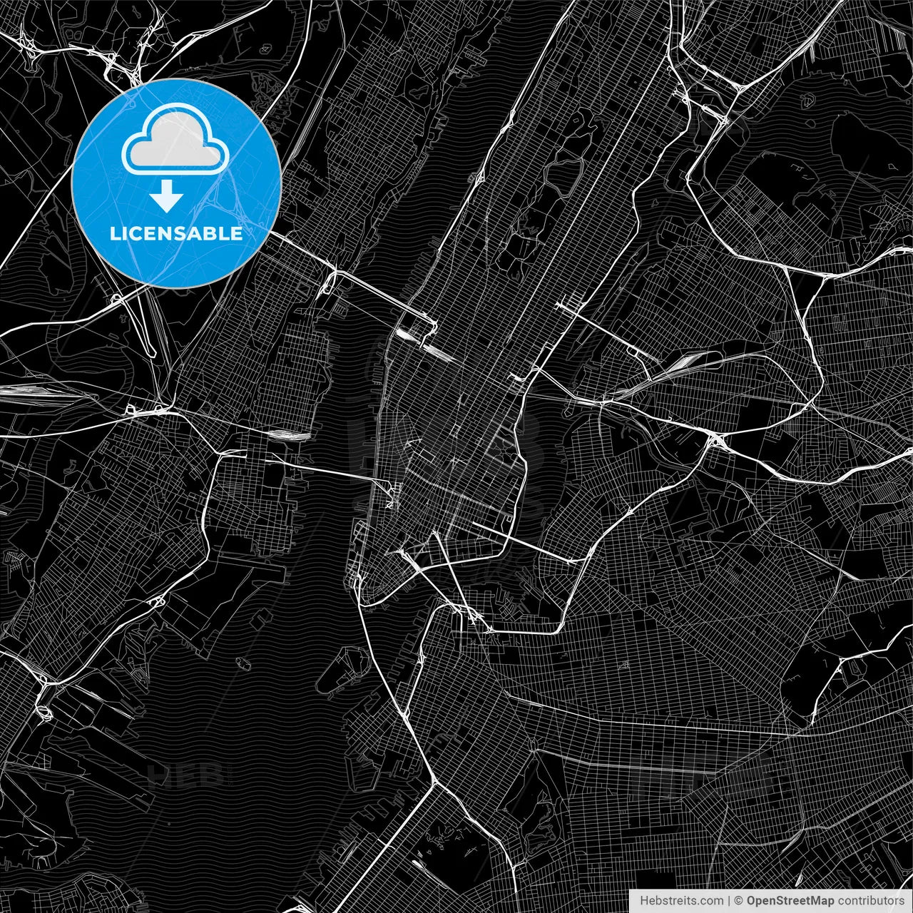 Black downtown map of New York City, New York