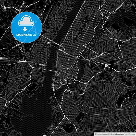 Black downtown map of New York City, New York
